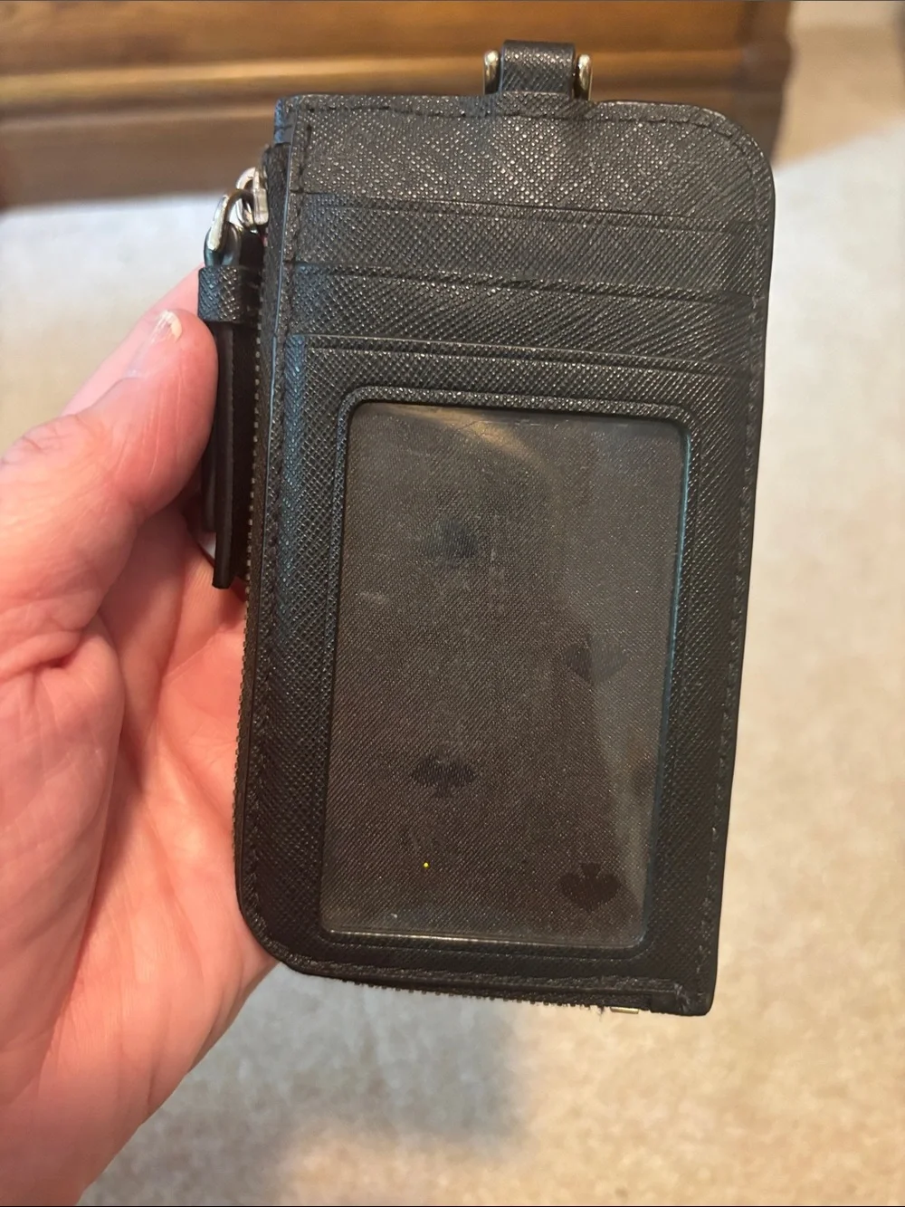 kate spade Leather Zip Card Holder with ID Window Black with Gold Logo